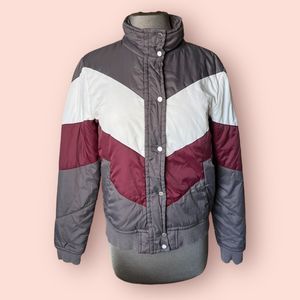 Trouve Chevron Puffer Bomber Jacket Multi Color Gray White Maroon Sz XS